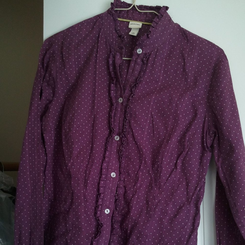 Polka Dot Full Sleeve Ruffle Blouse Sz S Merona